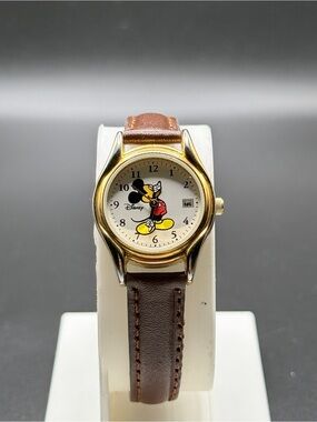 Disney Mickey Mouse Gold Watch Brown Leather Strap Date Window MCK374 31mm